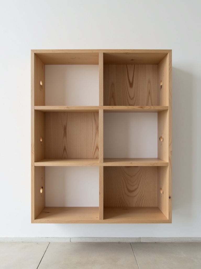 A modular wooden shelving unit made from light oak wood. It has interlocking panels. It features clean geometric lines. Designed for modern interiors.