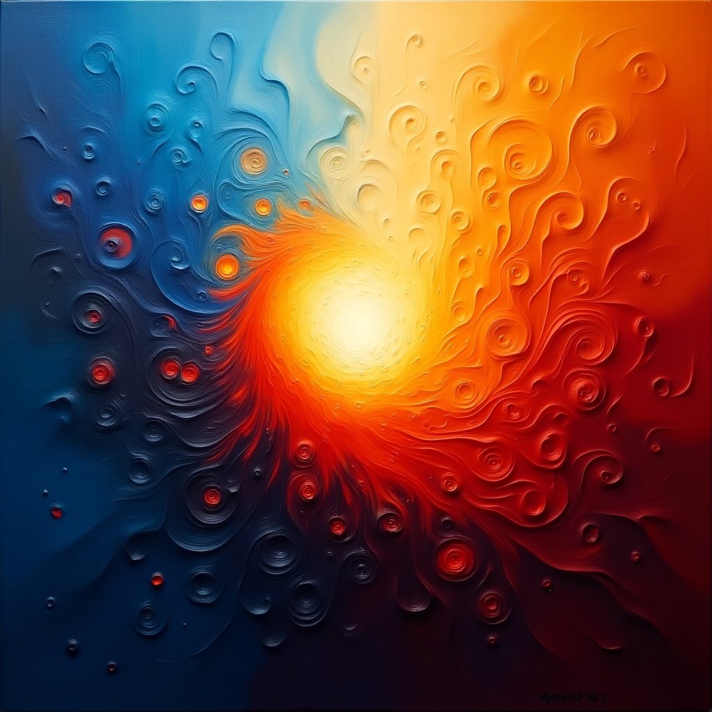 Painting shows an abstract blend of vibrant colors. Artwork transitions from deep blues to fiery reds and oranges. Swirling patterns create a sense of movement and depth. Central area glows brightly, resembling a sunburst effect. Evokes emotions of warmth and energy.