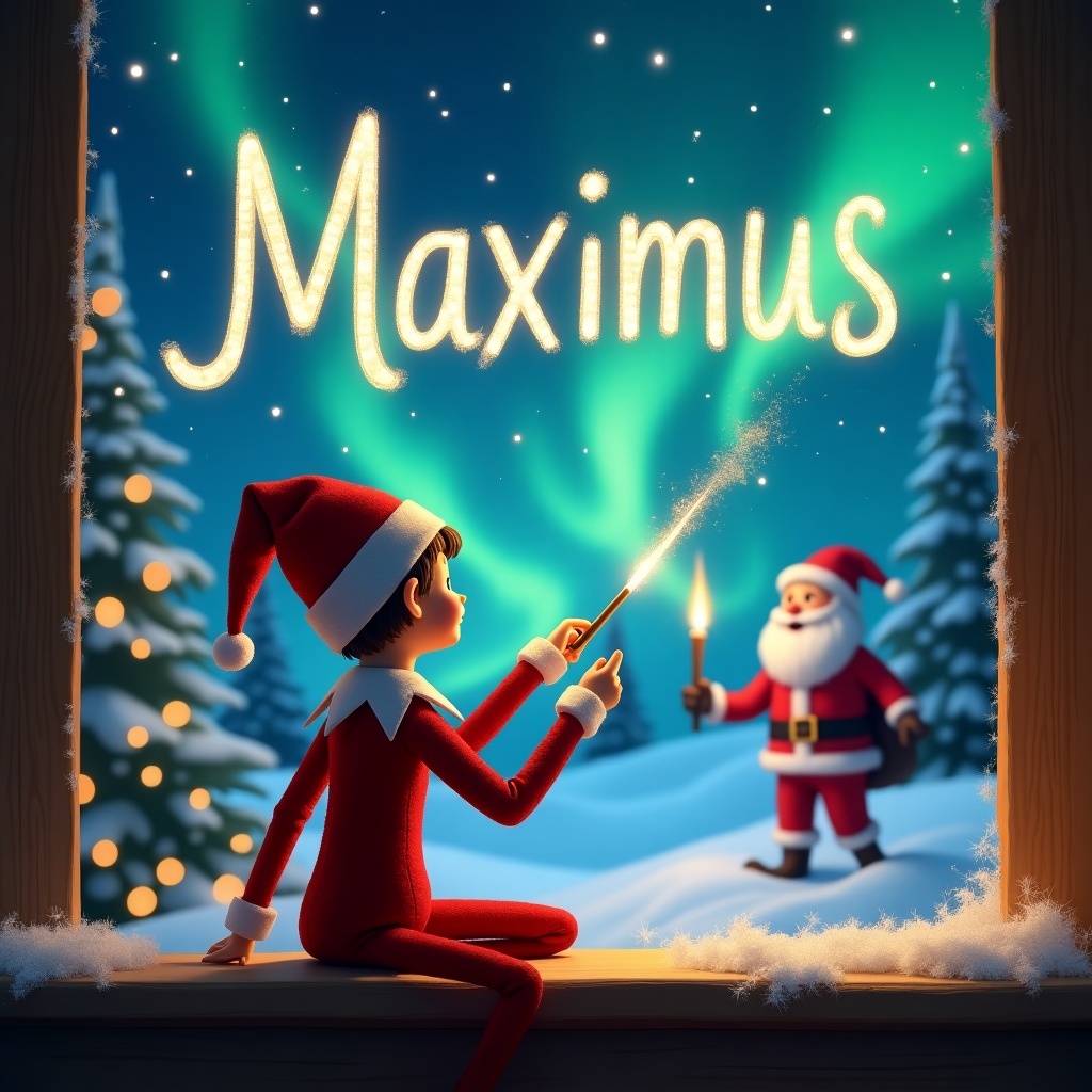 Elf on the Shelf facing the sky using a wand to write Maximus. Background is a magical Christmas scene with northern lights and Santa writing names Miley and Callie.