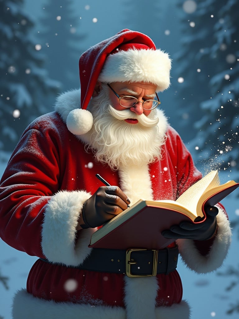 Santa Claus writing a note in a book while surrounded by snowy trees. Magical winter scene with falling snow.