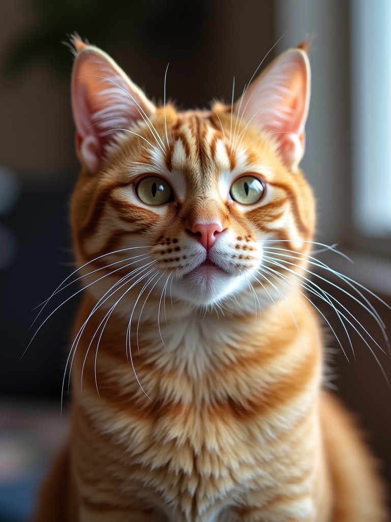 An orange cat sits upright. The cat has distinct stripes and long whiskers. It is captured in soft natural light. The scene focuses on the cat's neck and ears, highlighting its fur pattern.