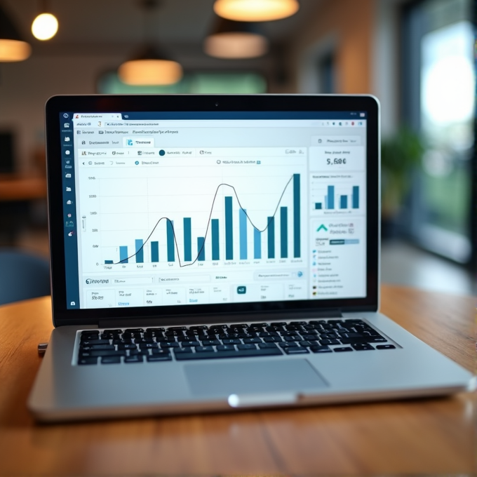 A laptop displays a detailed business analytics dashboard with charts and graphs analyzing sales data.