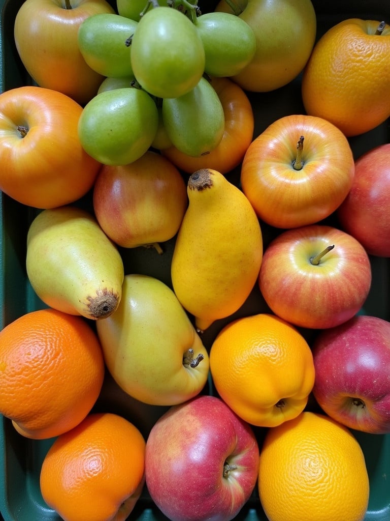 A variety of fresh fruits displayed together. Apples oranges grapes pears and lemons. Colorful arrangement in a box or tray. Natural light highlights the textures and colors. Top view perspective.