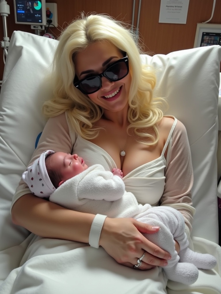 A mother cuddling her newborn baby in a hospital setting. The image captures the warmth and intimacy of maternal care. Soft lighting creates a serene atmosphere around the mother and her child. The scene emphasizes the love and bond between them.