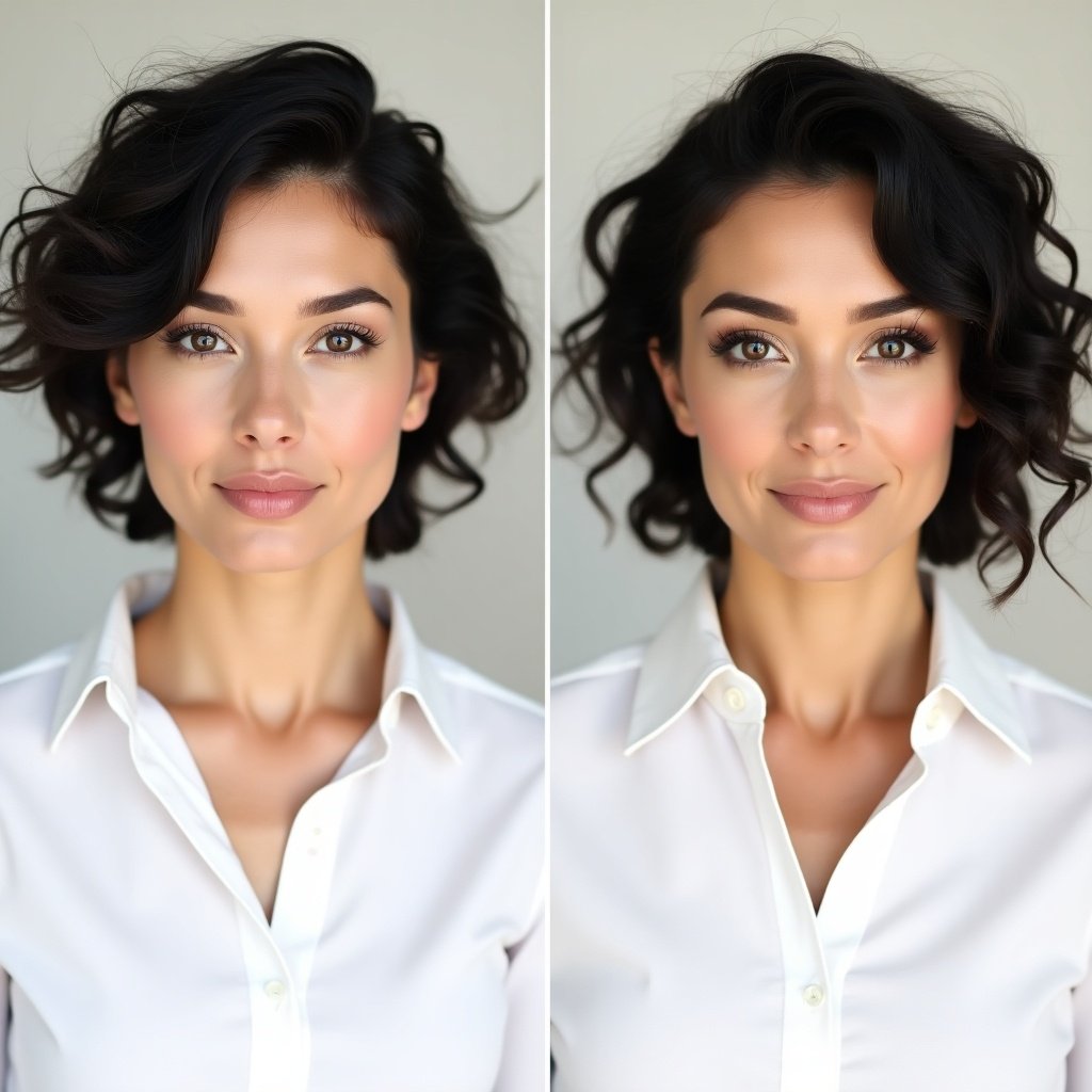 A side-by-side comparison of two portraits of a woman. The left side shows a natural look with no makeup, slightly unstyled hair, appearing soft and casual. The right side shows a polished glamour makeup look with defined features and styled curly hair. The woman wears a simple white shirt in both images. Background is neutral white. Lighting is soft and even. Focus is on the face to showcase the transformation.