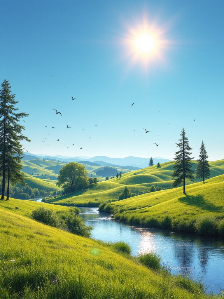 A serene landscape features rolling green hills under a clear blue sky. A bright sun shines down, illuminating the lush grass and trees. A calm river gently curves through the hills, reflecting the blue sky and greenery. Birds gracefully soar above, highlighting the tranquility of nature.