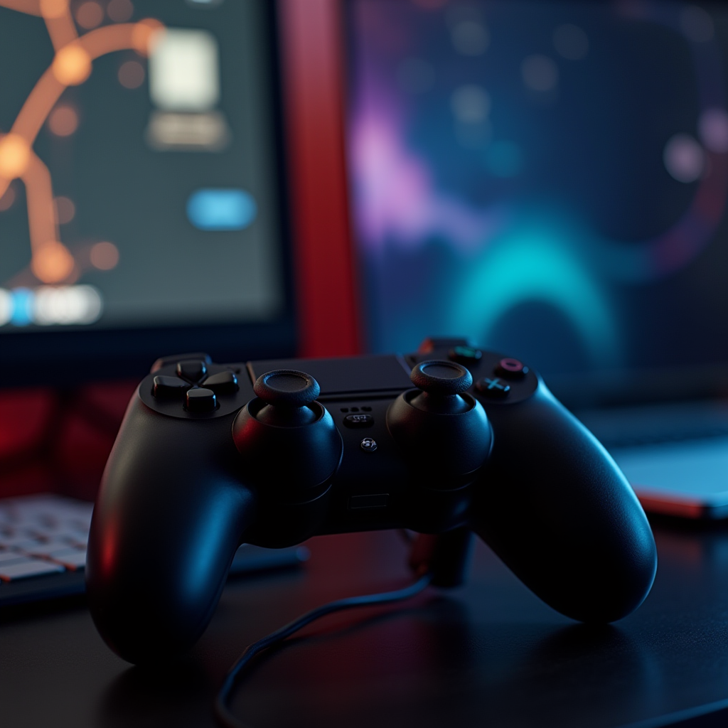 A gaming controller on a desk with monitors in the background displaying colorful visuals.