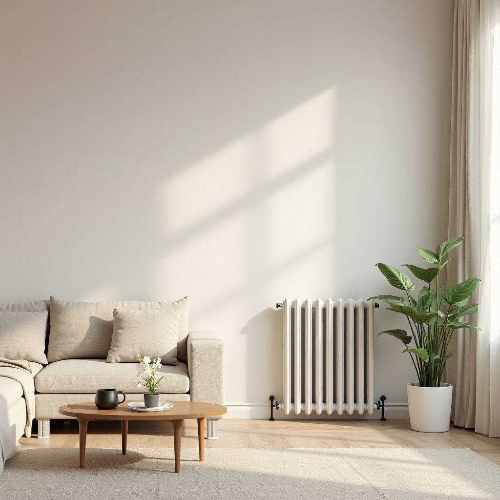 A minimalist living room with a beige sofa, a small wooden coffee table, and a potted plant beside a radiator.