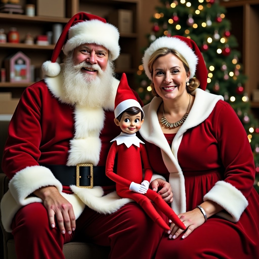 Image showing elf on the shelf beside Santa Claus and Mrs. Claus inside a toy workshop. Santa is wearing traditional red outfit. Background features Christmas tree decorated for holidays.