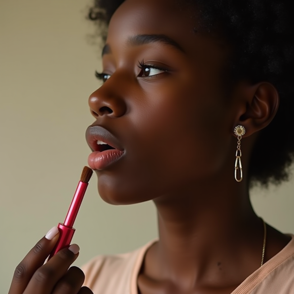 A woman is applying lip color with a pink brush and wearing stylish earrings.