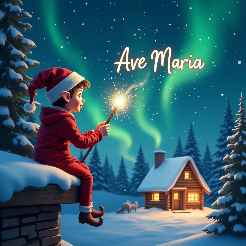 A charming scene featuring a boy elf on a shelf writing 'Ave Maria Garage St Julians' in the sky using a shimmering wand. The elf is seated on a snowy ledge, gazing at a starry night filled with northern lights. In the distance, a cozy cabin glows warmly with lights, enhancing the festive atmosphere. As the elf writes, a sense of joy and Christmas magic fills the air. This delightful image captures the essence of holiday spirit, perfect for seasonal celebrations.