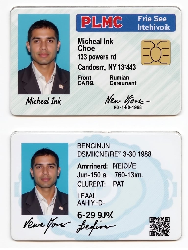 Design of an ID card for Micheal Ink. Date of birth 06/19/1983. Address 113 Powers Rd Candor, NY 13743. Elements for personal identification included. Security features are prominent. Layout shows front and back.