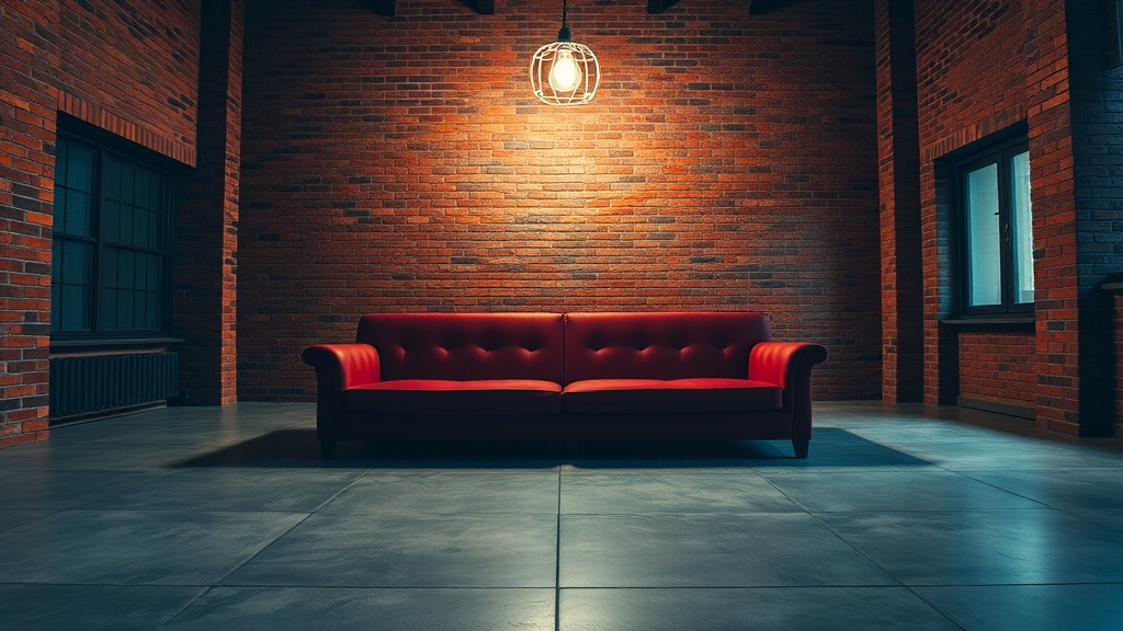 The image showcases an empty room with a striking red couch as the focal point, set against exposed brick walls that exude an industrial aesthetic. A single industrial-style pendant light hangs from the ceiling, casting a warm glow over the scene. The polished concrete floor enhances the room's modern minimalist vibe, creating a sense of tranquility and sophistication.