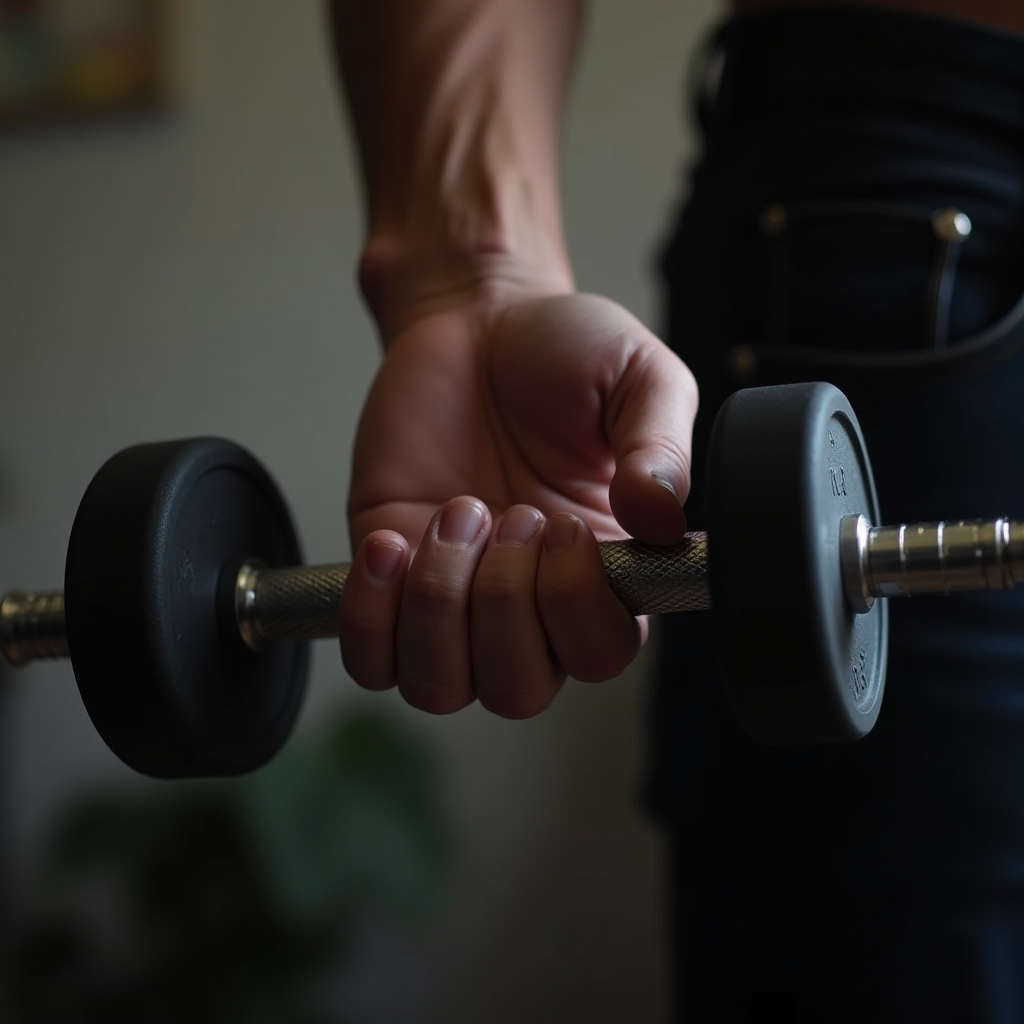 A person holds a black dumbbell with a firm grip.