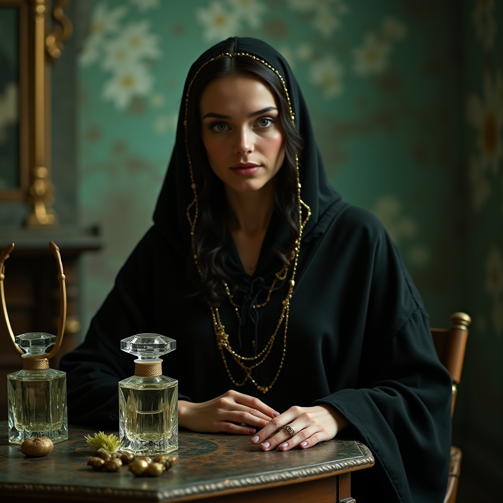 A woman in a dark, ornate outfit with a hood sits at a table with two decorative bottles and small objects.