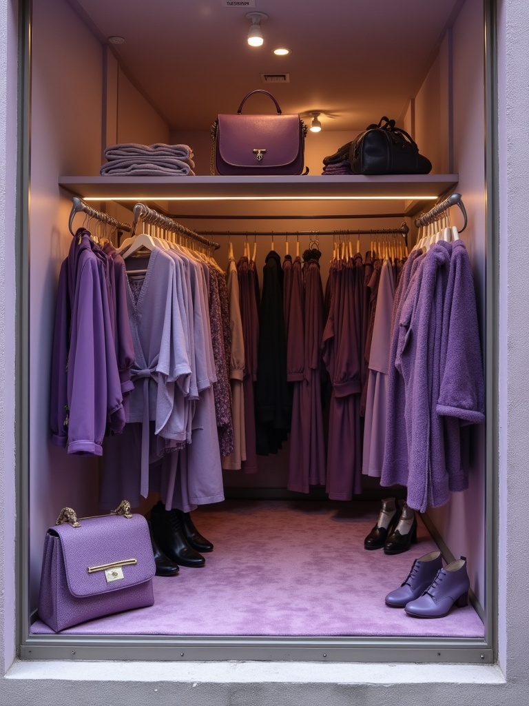 Boutique with clothing and shoes displayed neatly. Clothing in shades of purple dominates the space. Interior is softly lit with lavender tones. Elegant accessories complement the clothing. Fashionable shoes displayed attractively.