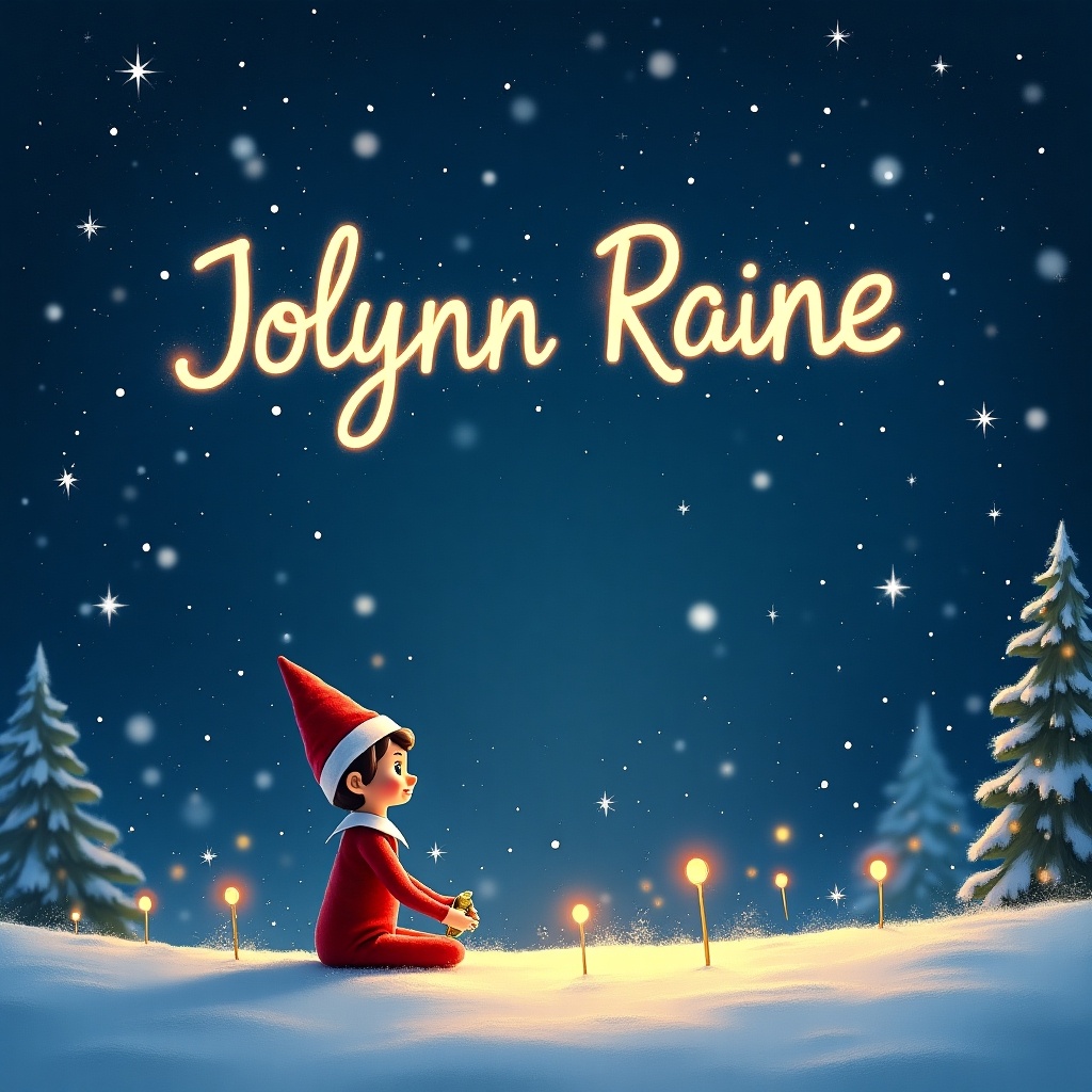 Create a magical Christmas scene with an Elf on the Shelf writing Jolynn Raine in the starry sky. Include snowy trees and festive elements.