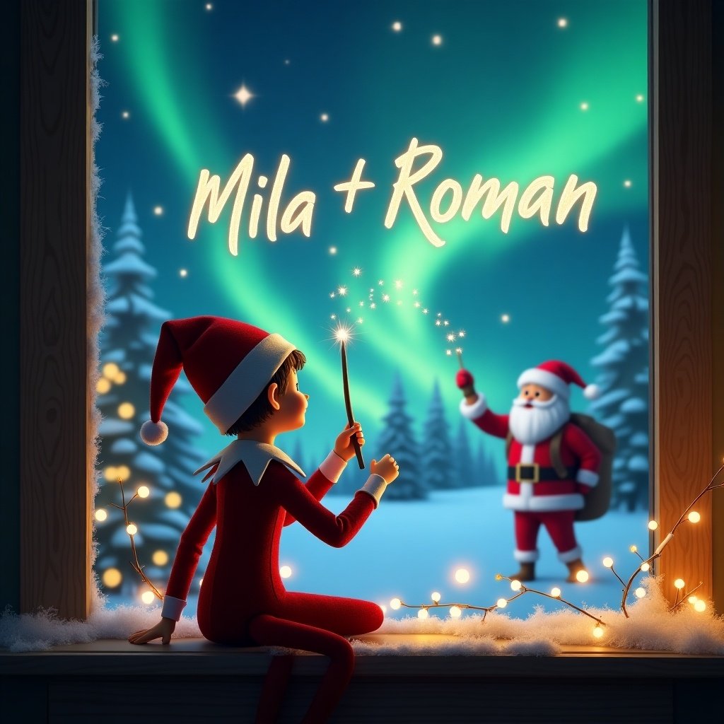 Elf on the shelf facing the sky using a wand to write names in the sky. Background with a magical Christmas scene featuring northern lights and Santa. Names Mila and Roman elegantly written in the sky.