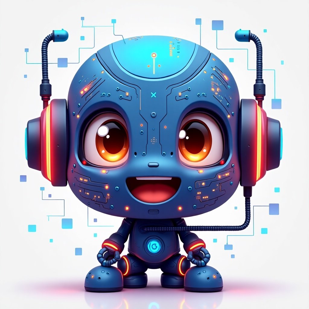 AI emoji character with large eyes and a happy expression. Robot design with blue and orange colors. Features headphones and circuit patterns.