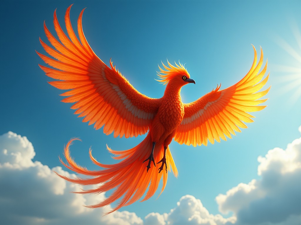 A majestic orange bird flying in a bright blue sky with clouds, showcasing its vibrant feathers in full span.