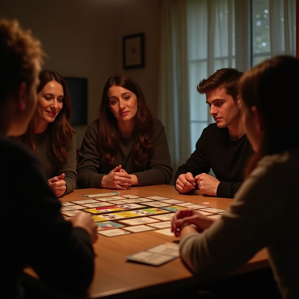 Group of friends engaged in a tabletop game. Players are trying to uncover a hidden criminal among them. Soft lighting enhances the cozy ambiance. Expressions suggest excitement and hint at fading interest in the game.