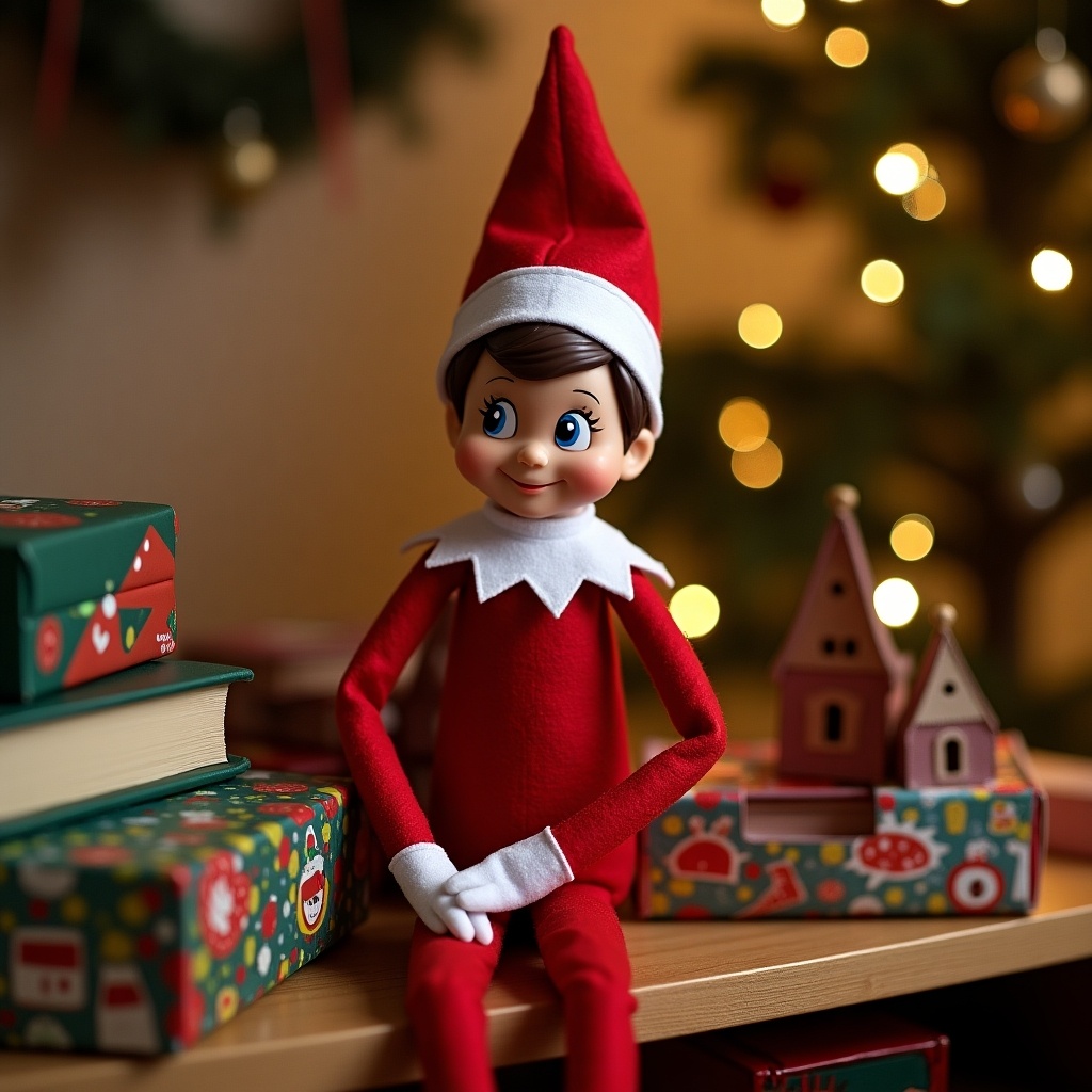 Decorative display featuring an Elf on the Shelf. Surrounded by holiday-themed boxes and a cozy ambiance. Brightly colored spaces infuse a festive mood.