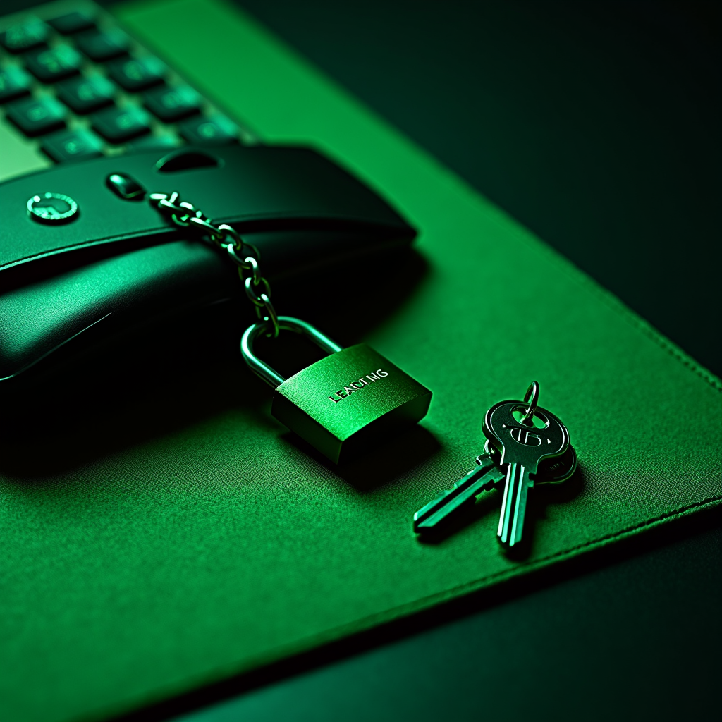 A green-tinted image shows a laptop with a padlock labeled 'LEADING' attached, next to a set of keys on a green surface.