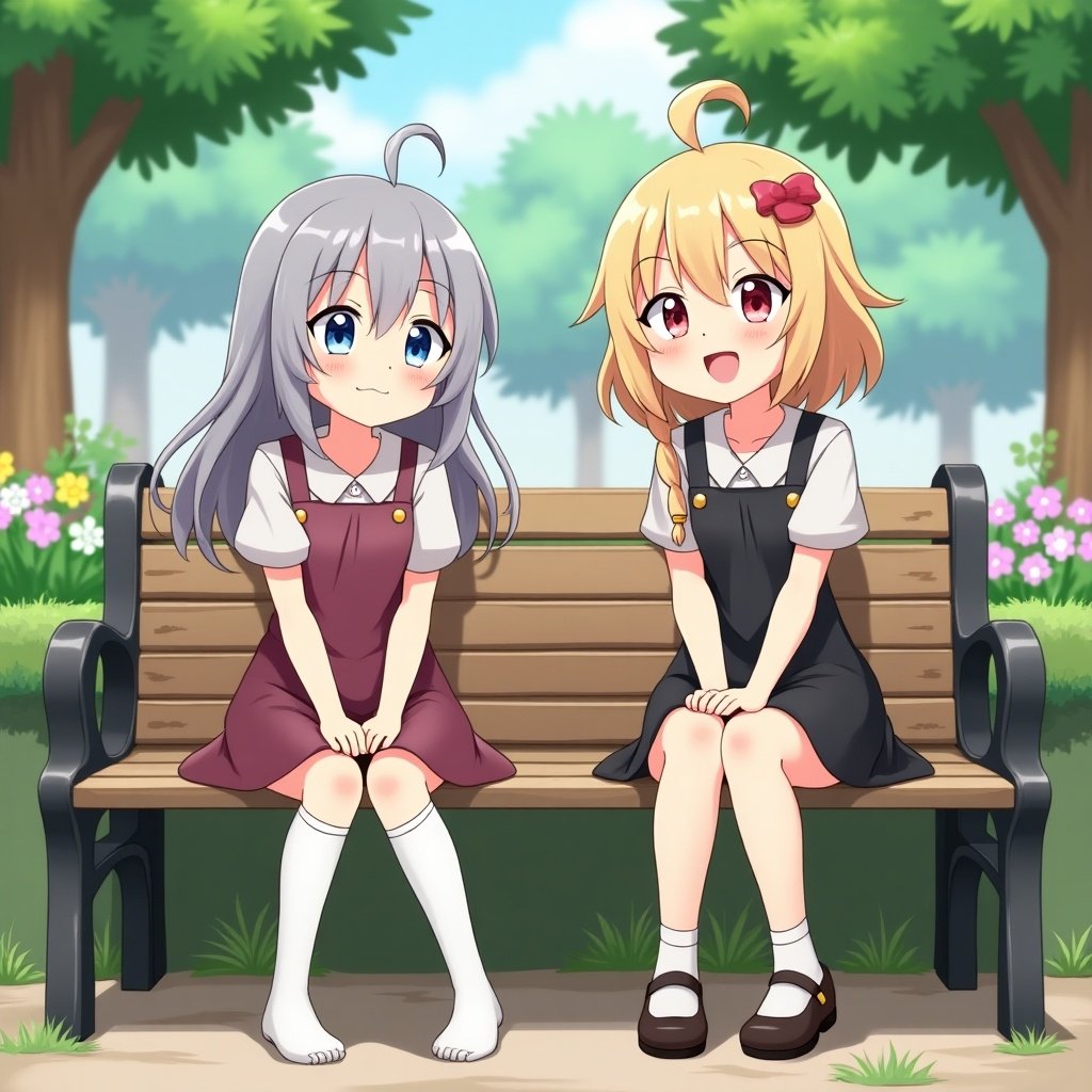 Two animated characters are sitting on a bench in a park. Characters have happy faces. Surrounding features trees and flowers.