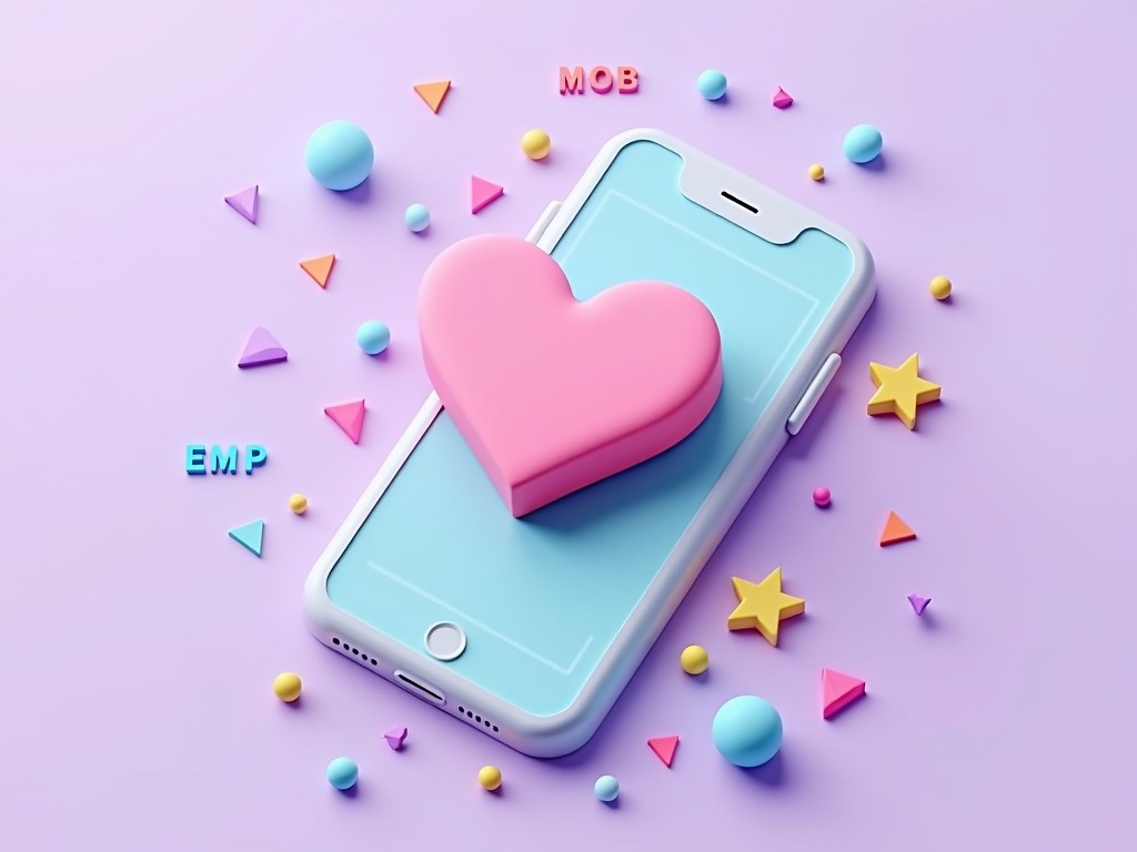 This vibrant image features a stylized smartphone lying flat against a pastel purple background, with a prominent pink heart placed atop its screen. Surrounding the phone are various geometric shapes and symbols in pastel colors, such as stars, triangles, and circles. The letters 'MOB' and 'EMP' highlight the playful theme of the design.