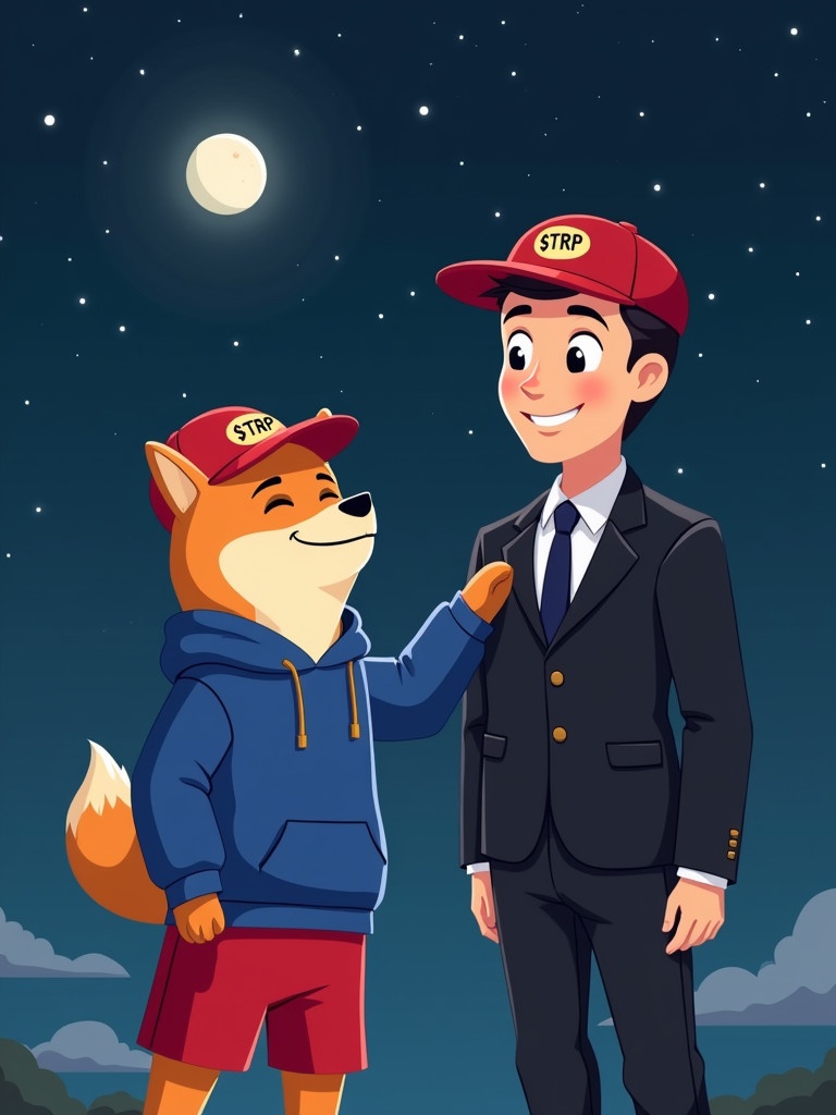 Animated cartoon character Shiba dog wearing blue hoodie red shorts and red baseball cap $TRP stands next to a person in black suit wearing red baseball cap $TRP Shiba dog points towards the moon night sky filled with stars