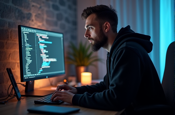 A focused individual is coding in a dimly lit room, illuminated by a computer screen displaying lines of code, with a candle providing a warm glow.