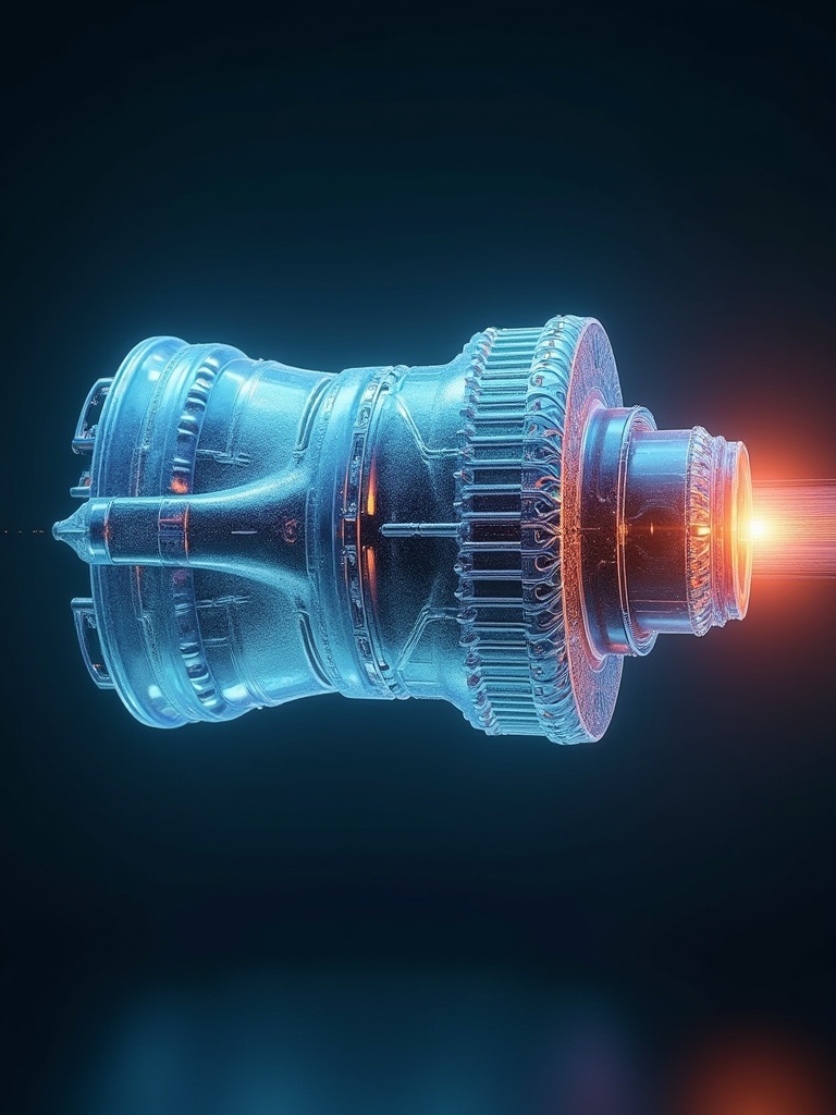 A detailed hologram representation of a jet engine. The engine design features intricate components. The visual is set against a dark background. It includes glowing accents. The holographic effect gives a futuristic feel.