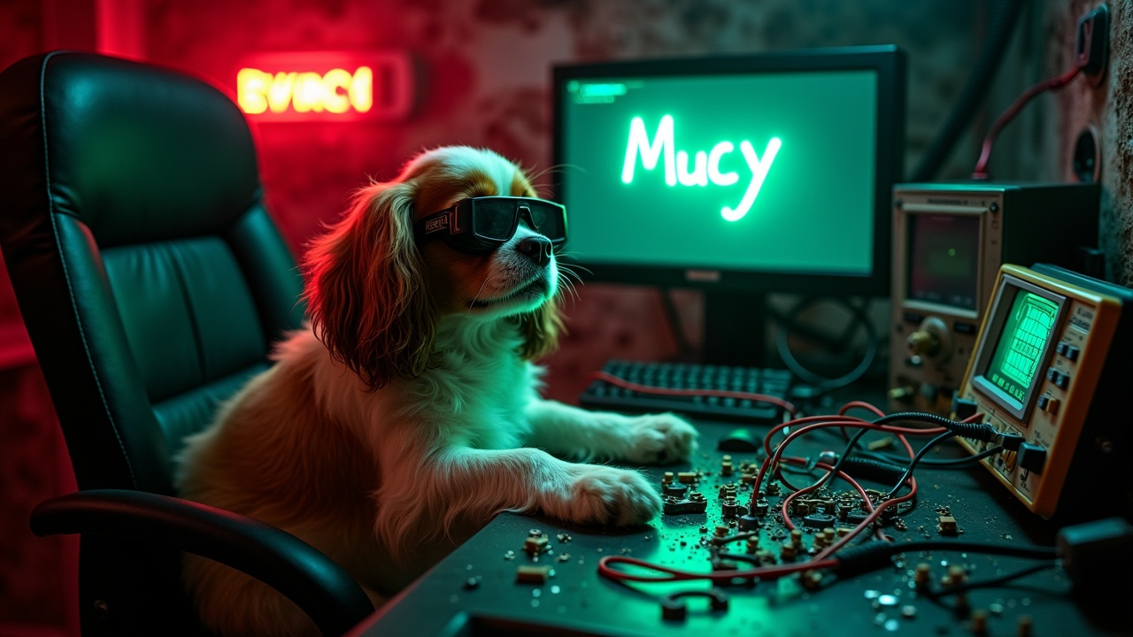 In a dark and eerie bunker, a fluffy Cavalier King Charles Spaniel is intently engaging with complex machinery. It wears welding goggles, adding a humorous twist to the scene. Surrounding the dog are numerous wires and circuit boards laid out on a workbench, creating a tech-savvy atmosphere. Oscilloscopes and multimeters nearby display dynamic signals. The background features a bright red emergency alarm that enhances the drama of the image. On the computer screen, the text 'Mucy' is displayed in glowing green letters, which emphasizes the contrast between the bright screen and the darker environment. This scene beautifully captures the unusual combination of technology, industry, and pet companionship.