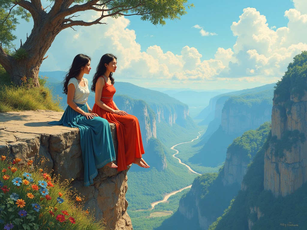 Two women sitting on a cliff edge overlooking a vast canyon with a river running through it, wearing elegant dresses with flowers nearby, under a clear sky with clouds.