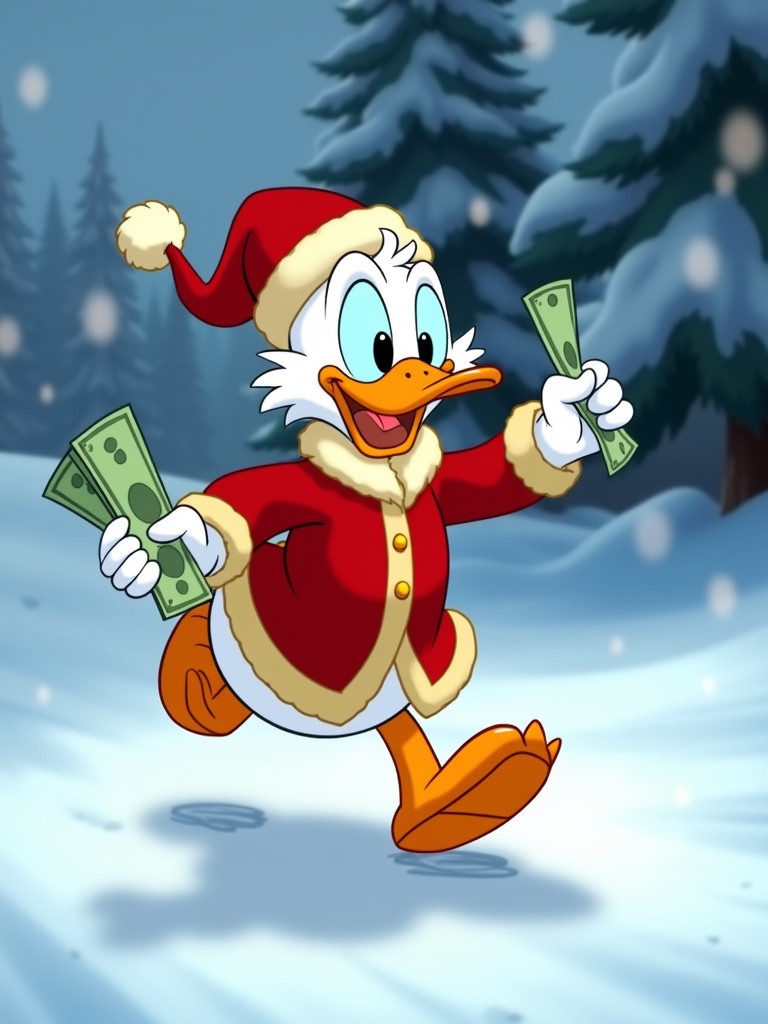 Animated character runs joyfully in snowy setting. Donald Duck wears Ebenezer Scrooge costume. Character holds cash. Background features snowy trees.