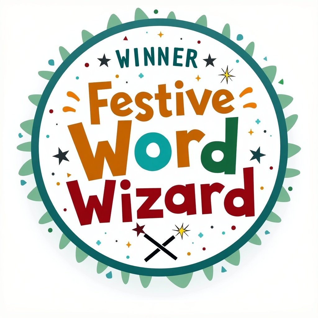 A badge representing a winner in a team activity for a scrambled word game. Features the text 'Festive Word Wizard' in bright colors surrounded by festive stars and shapes.