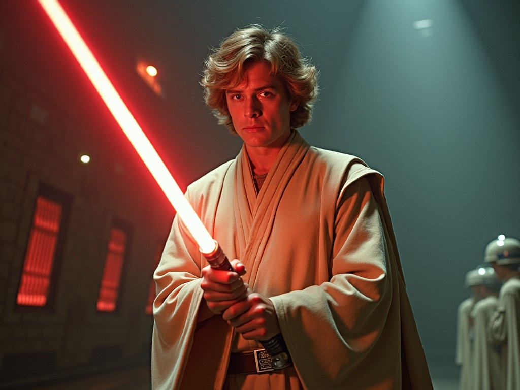 This image features a Jedi character styled in a classic 1950s Panavision movie aesthetic. The Jedi, with a thoughtful expression, wields a red lightsaber, standing against a moody background. They wear beige robes reminiscent of traditional Jedi attire. The dramatic lighting casts shadows that enhance the retro feel of the scene. This composition evokes a sense of adventure and nostalgia, fitting within the sci-fi genre.