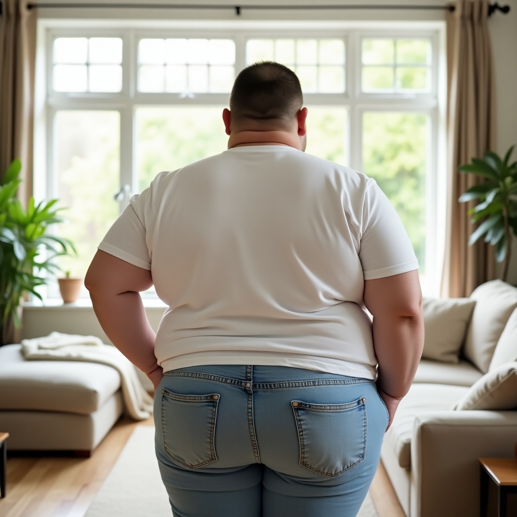 This image features an overweight boy confidently posing in a sunny living room. He wears light blue jeans and a snug white shirt, showcasing his back. The room is filled with natural light that enhances the soft textures of the furniture. Large windows provide a view of lush greenery outside, creating a warm and inviting atmosphere. This scene promotes comfort and self-acceptance, making the image suitable for wellness and lifestyle content.