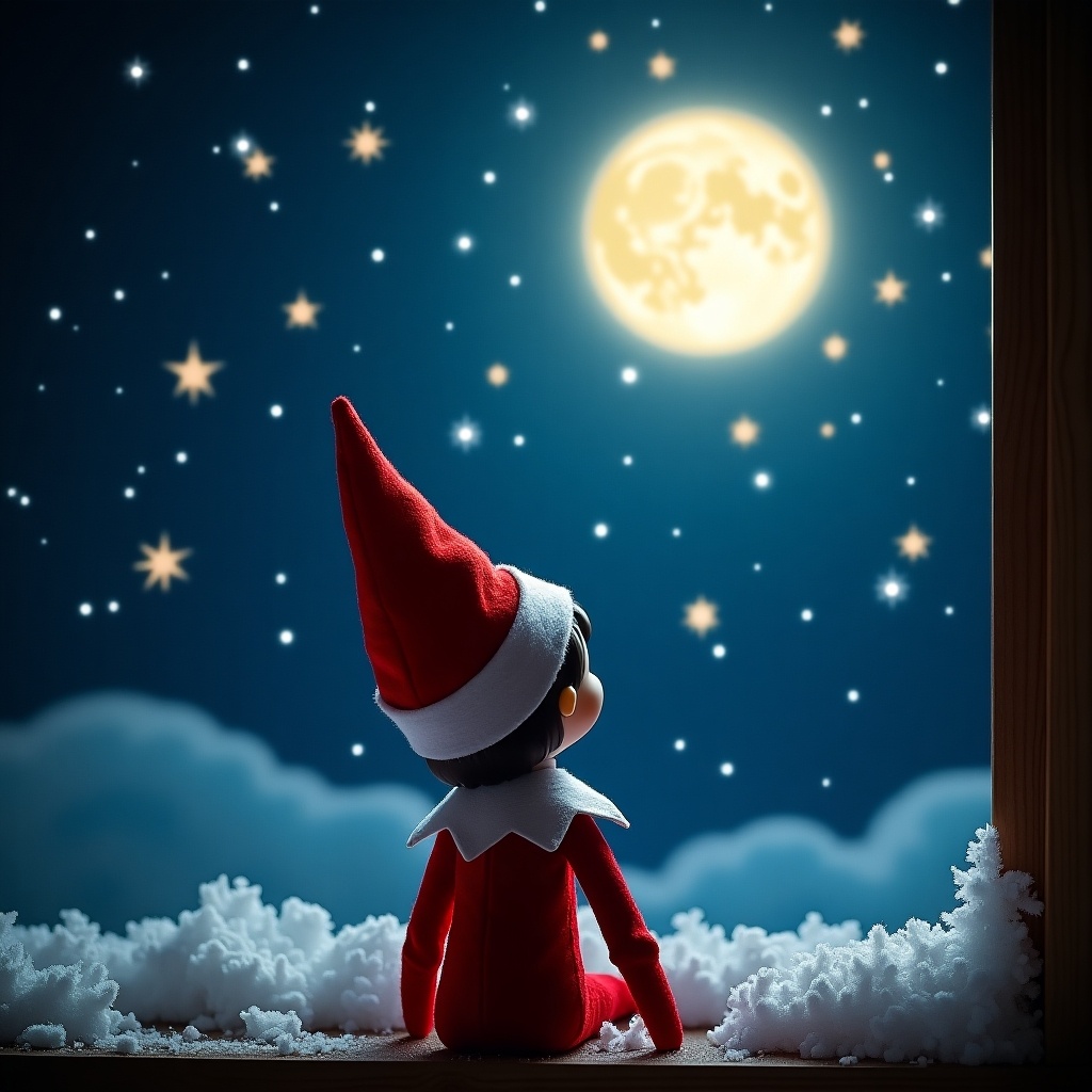 An elf on the shelf is gazing up into a magical night sky filled with stars and a bright full moon. The elf, wearing a classic red and white outfit, is viewed from behind, looking contemplative and curious. Snowy clouds and fluffy snow are scattered around, enhancing the wintery atmosphere. The scene captures a whimsical, enchanting moment typical of holiday illustrations. The overall feel is festive and joyful, making it perfect for holiday-themed projects.