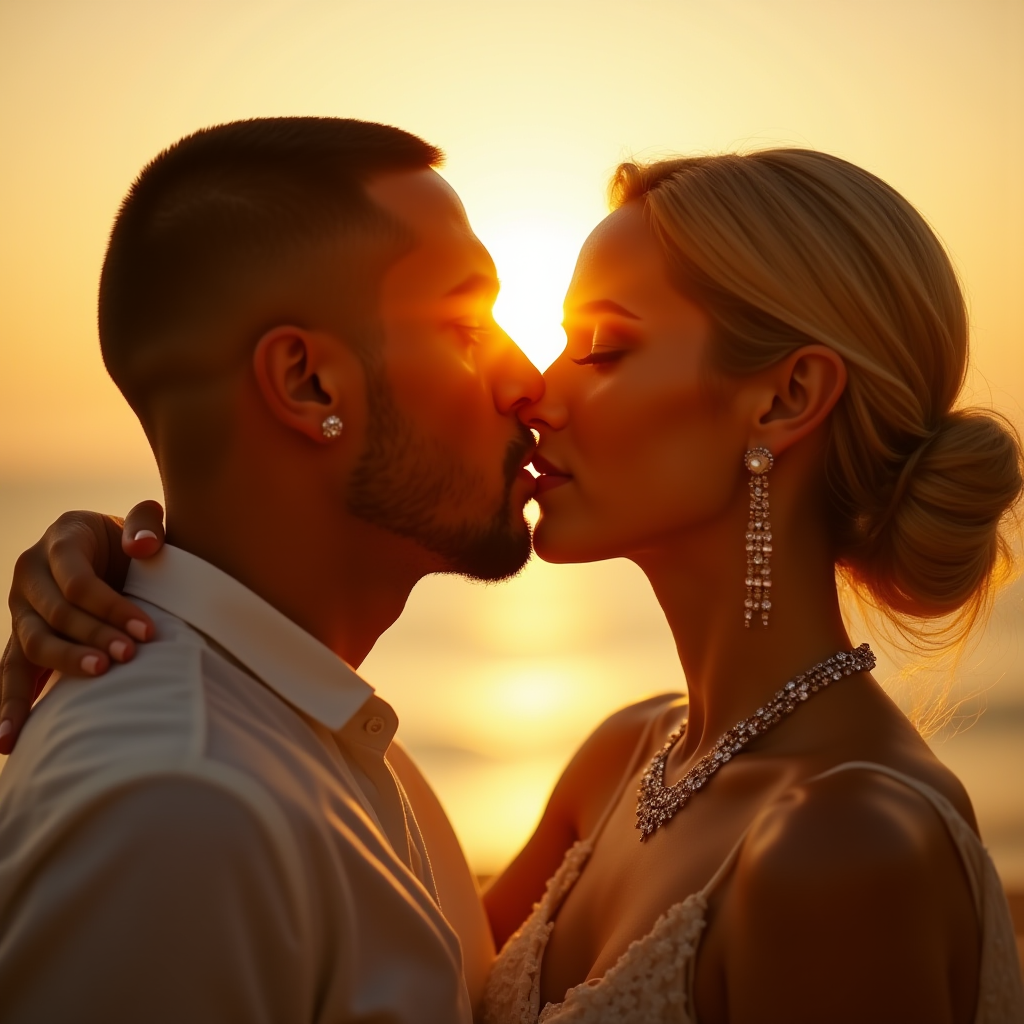 A couple kisses tenderly against a beautiful sunset backdrop.