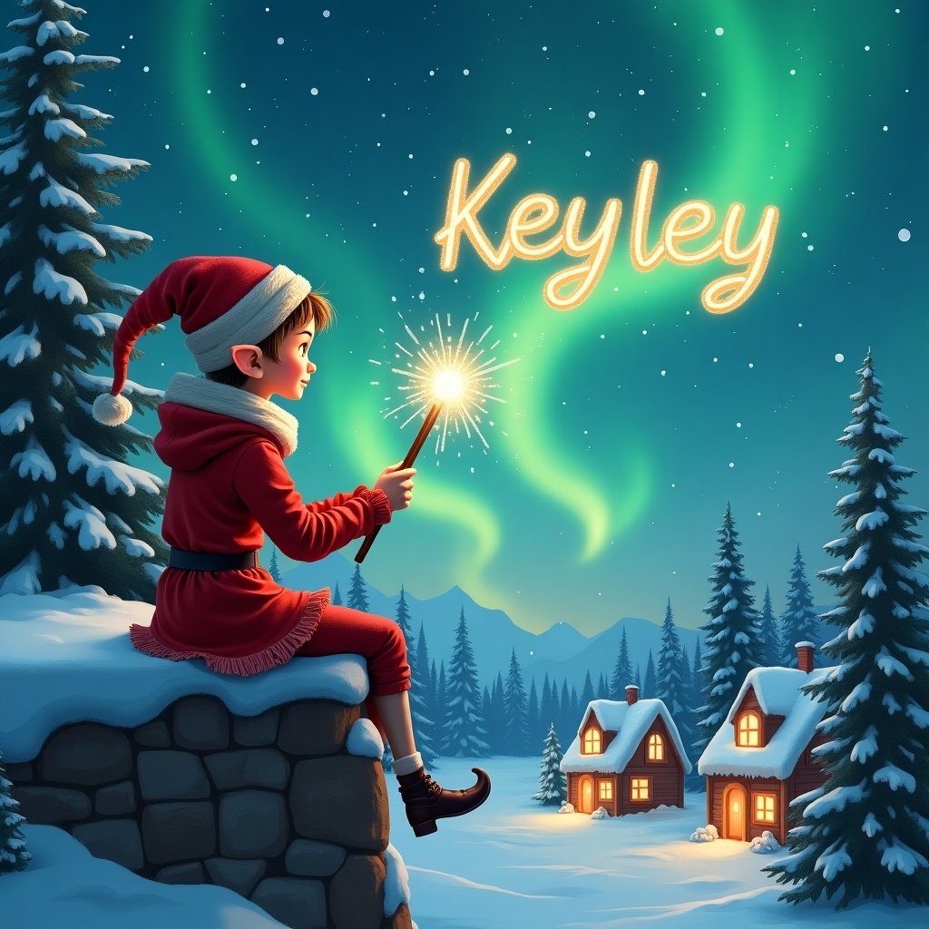 An elf in red sits on a ledge. The elf looks at the sky with Northern Lights. The elf holds a sparkling wand. Snow covers the ground. Little houses and evergreen trees appear nearby. The elf writes 'Keyley' in the sky.