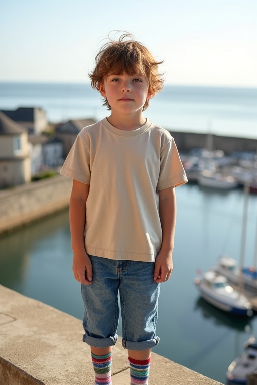 A young boy in a natural-colored T-shirt and blue jeans stands on a balcony. He has short tousled light brown hair. The background is a sunny harbor in Normandy with boats. The atmosphere is peaceful and quiet.