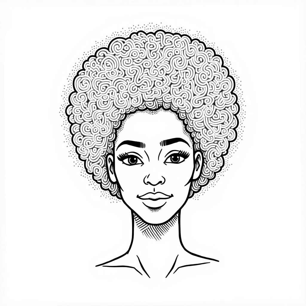 Line art of a woman with an afro hairstyle. Features include defined facial features. The style is minimalistic with high contrast.