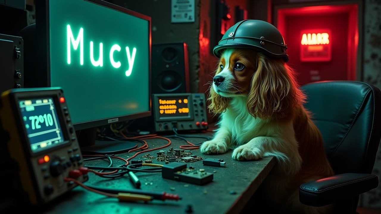 In a dimly lit bunker, a fluffy Cavalier King Charles Spaniel, donning a helmet, sits in an office chair. The setting is filled with various wires and circuit boards scattered across the table. Next to the dog, high-tech equipment like oscilloscopes and multimeters display electronic signals. A bright red emergency alarm glows ominously in the background, intensifying the industrial vibe. The dog's expressive face hints at curiosity as it engages with military technology. The computer screen nearby prominently shows the text 'Mucy' in glowing green, linking technology and companionship in this intriguing scene.