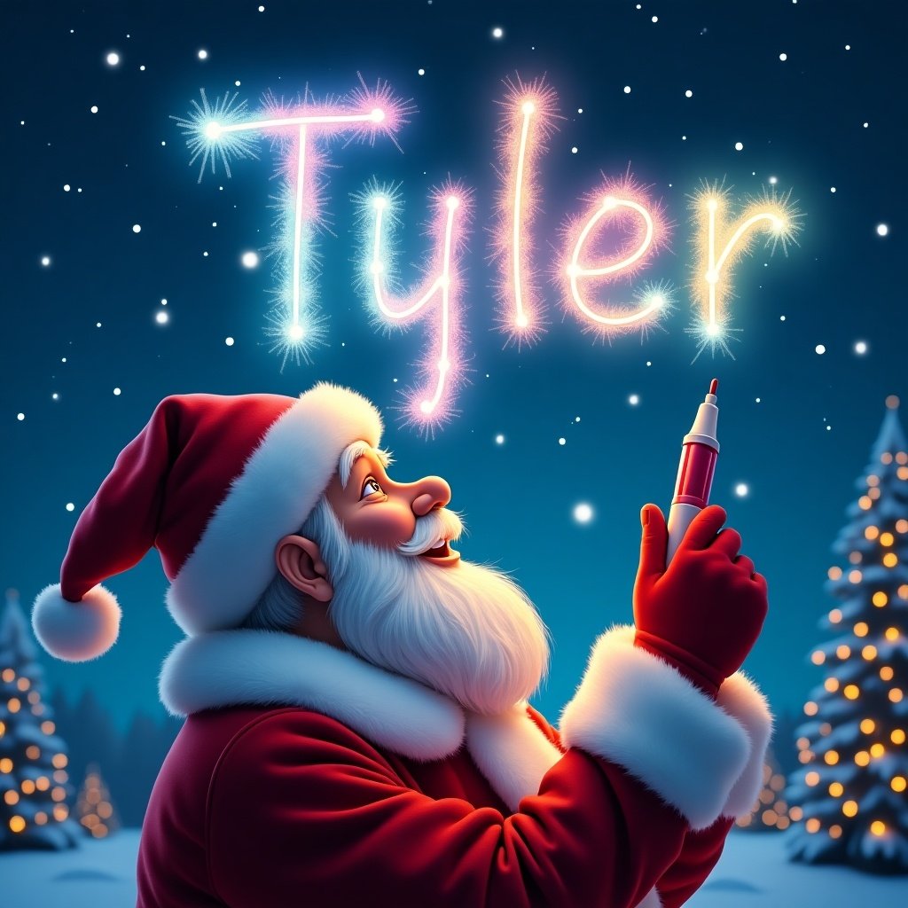 This image features a beautiful Christmas theme with Santa Claus engaged in a whimsical activity. He is joyfully writing the name 'Tyler' in the sky using a colorful glow pen. The atmosphere is festive, with sparkling snowflakes falling around and twinkling Christmas trees in the background. Santa is dressed in his traditional red suit and white beard, looking up with delight at his creative work. The colorful glow of the name adds a magical touch to the winter night scene. This illustration captures the essence of holiday cheer and personal touch during the Christmas season.