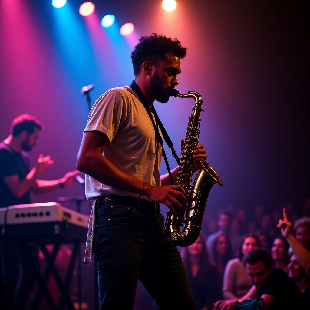 Saxophone player performs on stage with dynamic lighting and engaged audience. Background includes musician on keyboard. Showcases live music atmosphere.