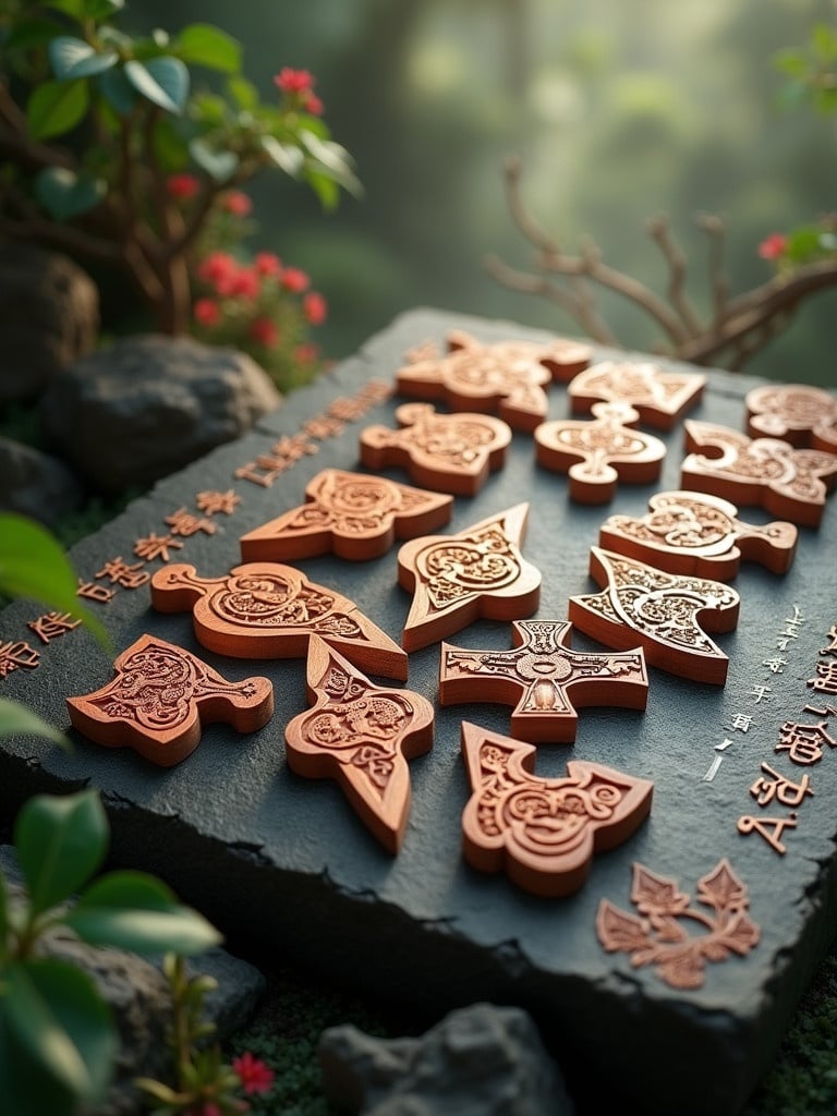 Wooden tangram puzzle pieces arranged on a stone tablet. Pieces feature carved Asian motifs. Tablet includes etched Chinese calligraphy. Scene is surrounded by greenery. Misty atmospheric effects create a mystical look. Rendered in realistic detail with rich colors and textures. Lighting is soft and golden. High-resolution quality.