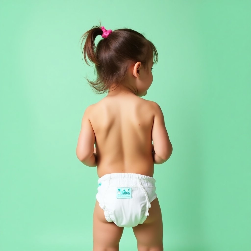 Image features cute child with ponytail hair. Child wears white diaper. Background is mint green. Focus is on playful carefree essence of childhood with visible diaper branding.