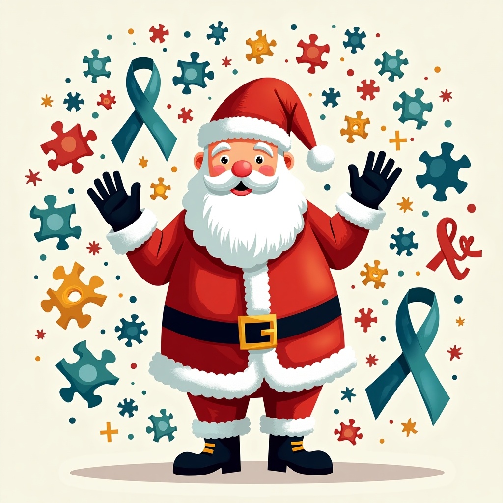 This image features a cheerful Santa Claus standing in a festive environment. He is surrounded by colorful symbols, including teal ribbons associated with autism awareness and playful snowflakes. Santa is wearing his traditional red suit with white fur trim, raising his arms to engage with the viewer. The background is lively and decorated with various shapes and colors, contributing to a joyful holiday atmosphere. This design can be utilized to promote autism awareness during the Christmas season while celebrating inclusivity and joy.