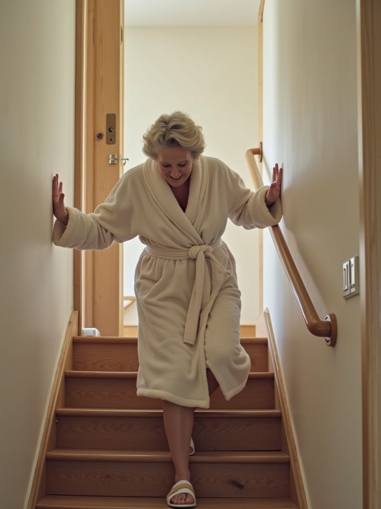 Elderly woman descends stairs wearing a bathrobe and slippers. She appears joyful and confident while moving. Light-filled staircase enhances the soft and warm atmosphere. Safe home environment promoted.